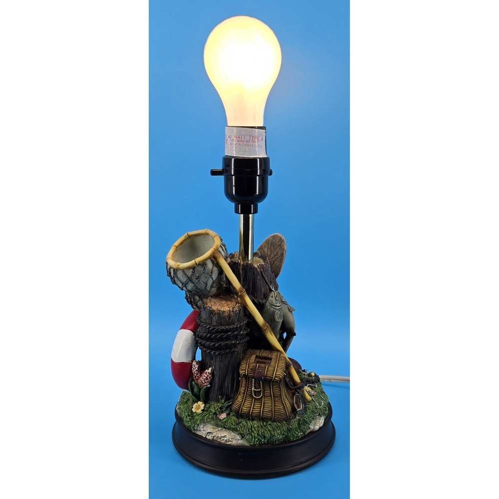 Vtg Fishing Themed Desk Lamp Resin Colorful Man Cave Bedroom Corded Fun 10.5"